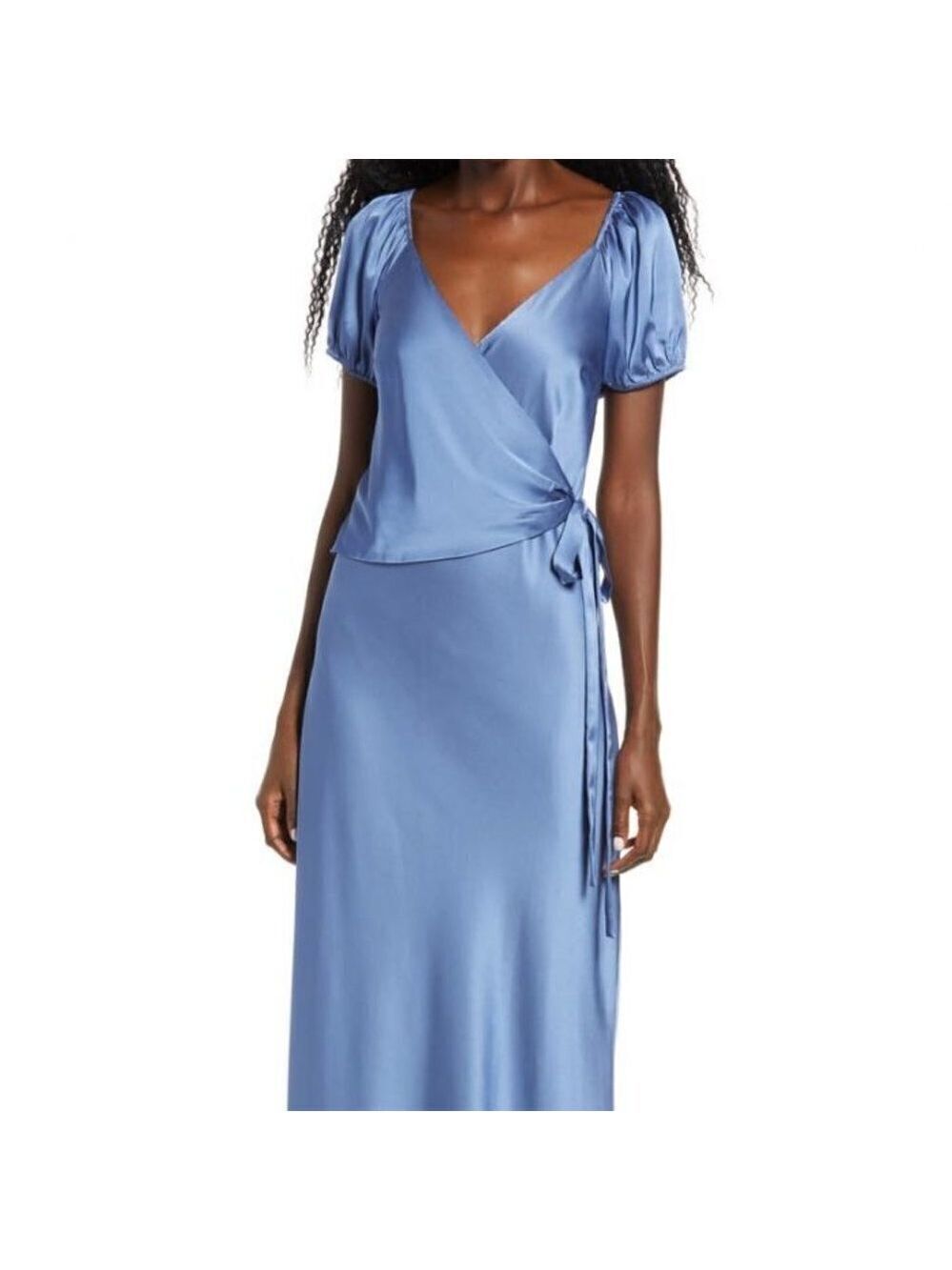WAYF Blue Satin Faux Wrap Dress "The Bea" BNWT Vneck
